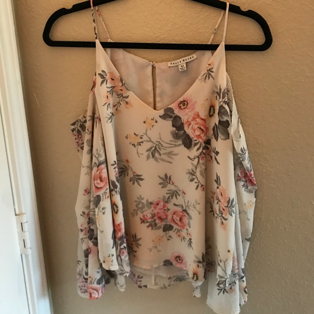 Floral Open Shoulder Long Sleeve Flowing Top